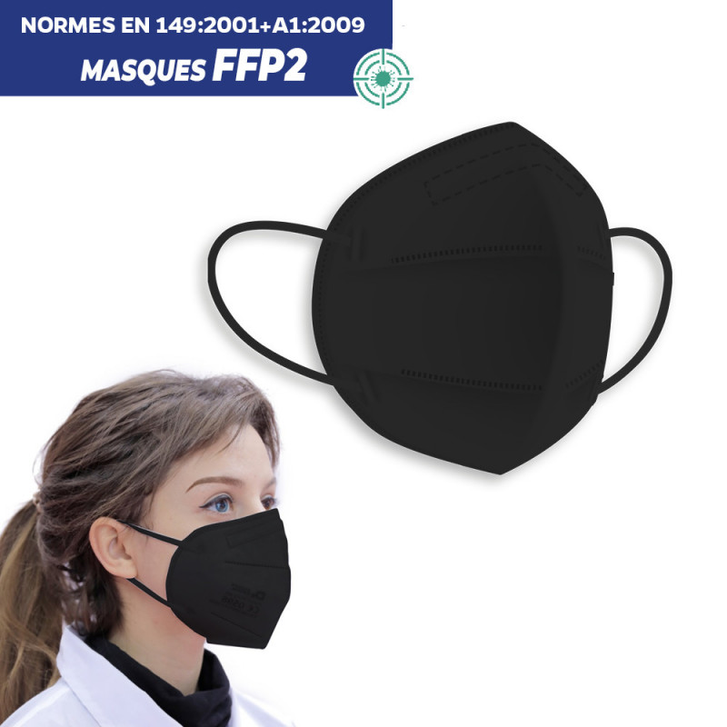 10 masques pour adultes FFP2, Noir, 0,99€, Autofiltrant, Marqué CE, Boîte de 10 pièces