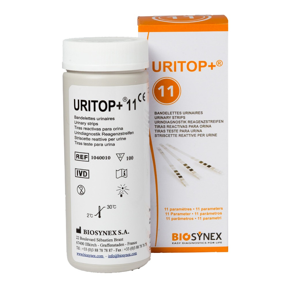 Boîte de 100 bandelettes URITOP®+7 (Glucose, Protéine, pH, Sang, Nitrite,  Densité, Leucocytes)